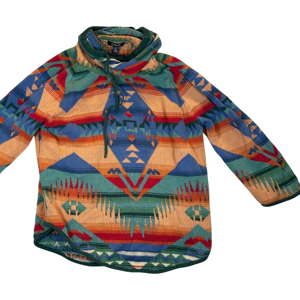 Chaps Large Southwestern Aztec Cotton Knit Cowl Neck Sweater Multi Native